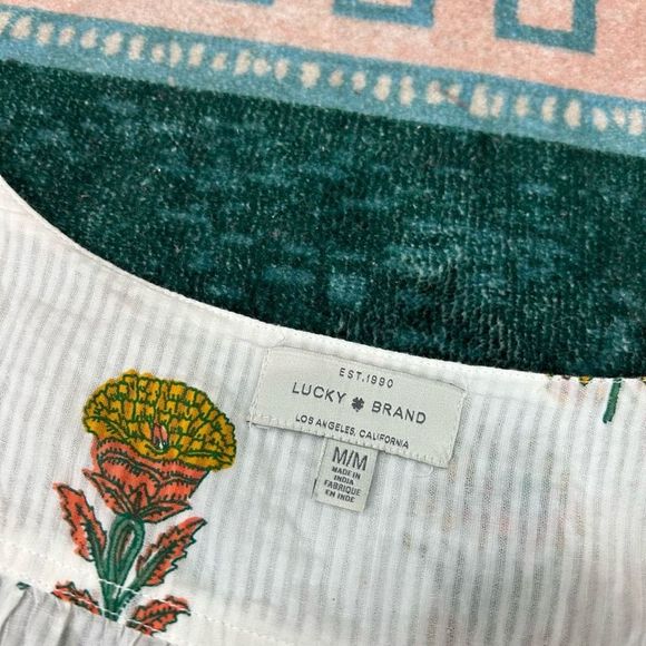 Lucky Brand Women White Cotton Pineapple Print Midi Dress Ruffle Sleeveless Maxi - Picture 8 of 14